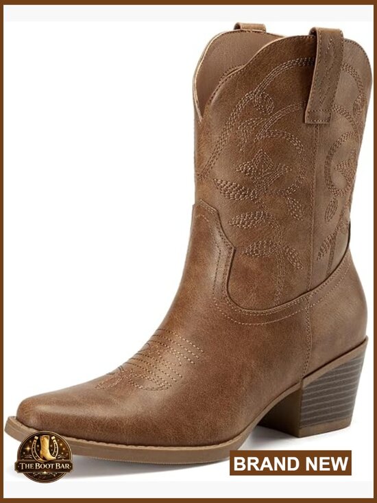 Shoes - Western Cowgirl Ankle Boots Square Toe Low Chunky Heel Embroidered Short Booties